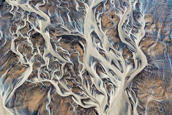 Aerial image of river delta in Iceland.