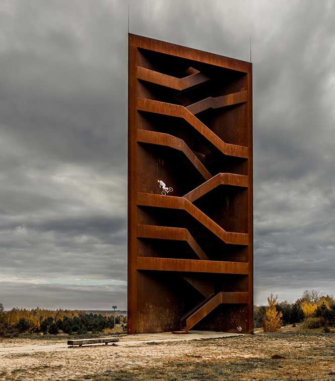 Playground: Lorenz Holder, Germany showing BMX rider Senad Grosic ride down a rusted viewing platform in Senftenberg, Germany. 