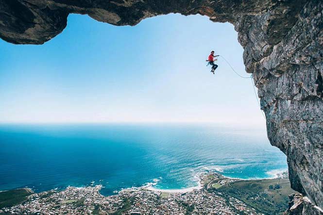 Wings: Micky Wiswedel, South Africa with his shot of climber Jamie Smith mid-fall as he attempts a new route on Table Mountain, Cape Town. 