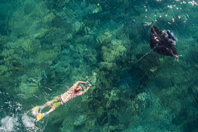 A snorkeller follows a Manta Ray, Yasawa Islands, Fiji by Droneworks NZ 