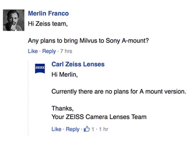 ZEISS: Όχι δεν θα φτιάξουμε Milvus φακούς για το A-mount