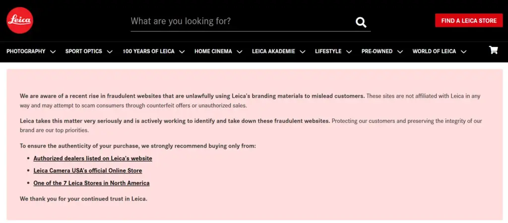 H Leica προειδοποιεί: Προσοχή! Ψεύτικα online καταστήματα Leica υπόσχονται τεράστιες εκπτώσεις