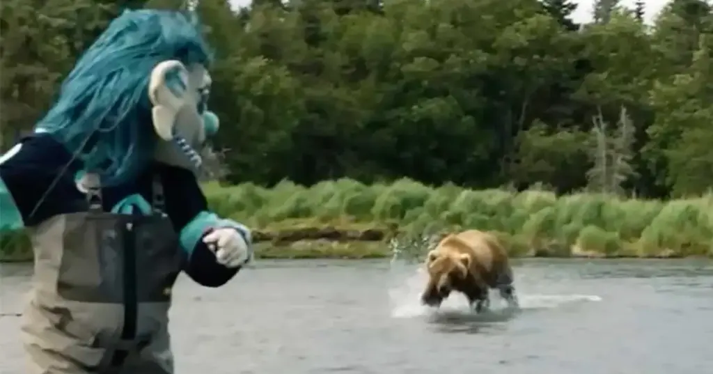 Μασκότ ομάδας χόκεϊ δέχεται επίθεση από γκρίζλι κατά τη διάρκεια γυρισμάτων στην Αλάσκα