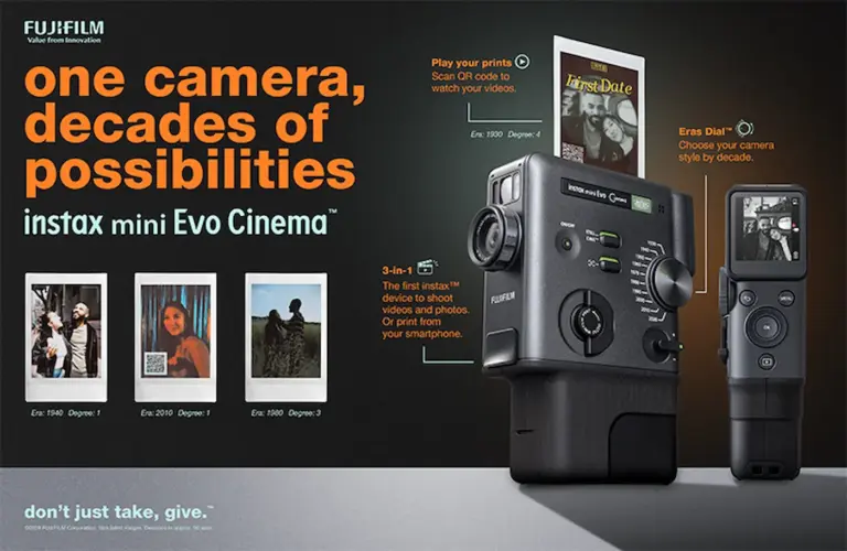 Fujifilm instax mini Evo Cinema υβριδική instant κάμερα που εκτυπώνει καρέ βίντεο με κωδικό QR
