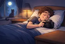 Άτομο στο κρεβάτι με κάμερα στο κομοδίνο, έτοιμο για νυχτερινή φωτογράφιση