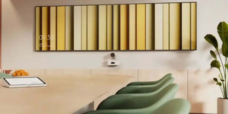 Logitech Rally AI Camera εγκατεστημένη σε μεγάλη αίθουσα συσκέψεων με αυτόματο καδράρισμα ομιλητών
