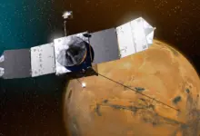 Καλλιτεχνική απεικόνιση του διαστημικού σκάφους MAVEN σε τροχιά γύρω από τον Άρη