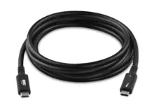 Close-up του πιστοποιημένου καλωδίου OWC Thunderbolt 5 (φαίνονται καθαρά τα βύσματα και η σήμανση “Thunderbolt”)