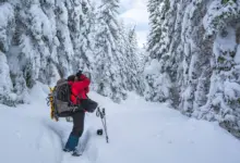 Φωτογράφος σε χιονισμένο τοπίο δουλεύει με κάμερα, φορώντας γάντια και χειμερινό μπουφάν.