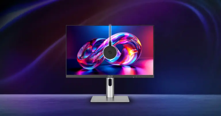 Η συσκευή Asus ProArt CaliContrO MCA02 δίπλα σε βάση/αντίβαρο για βαθμονόμηση οθόνης
