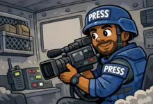 Καρτουνίστικη απεικόνιση cameraman μέσα σε τεθωρακισμένο όχημα κατά τη διάρκεια αποστολής