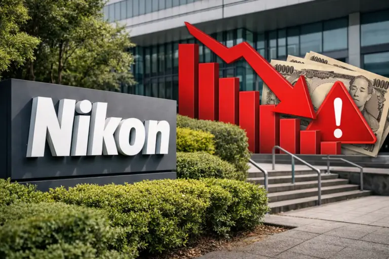 Το λογότυπο της Nikon σε εξωτερικό χώρο εταιρικών εγκαταστάσεων, σύμβολο μιας περιόδου οικονομικής πίεσης για την εταιρεία.