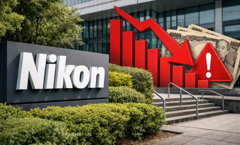 Το λογότυπο της Nikon σε εξωτερικό χώρο εταιρικών εγκαταστάσεων, σύμβολο μιας περιόδου οικονομικής πίεσης για την εταιρεία.