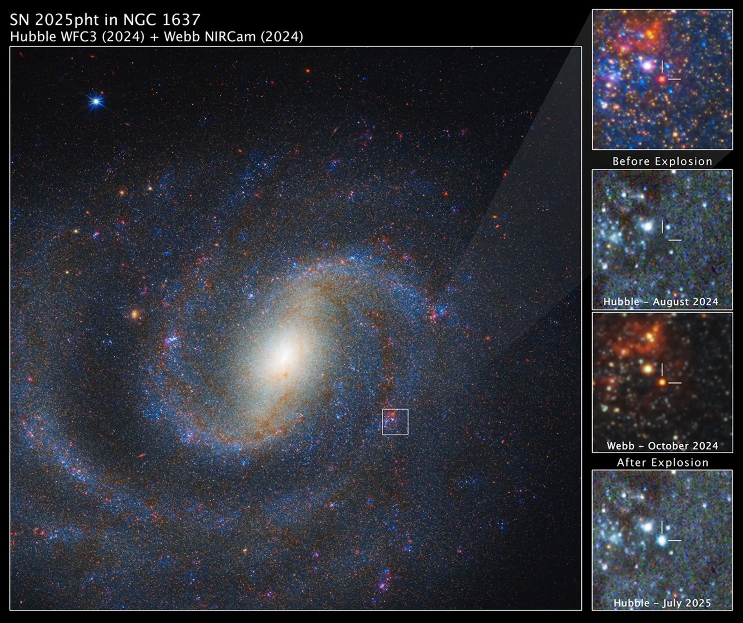 Σύνθετη εικόνα Webb και Hubble του NGC 1637 με ένθετα πριν και μετά την έκρηξη του SN 2025pht