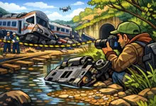 Καρτουνίστικη εικονογράφηση φωτογράφου που καταγράφει συντρίμμια τρένου δίπλα σε ρυάκι