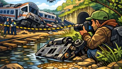 Καρτουνίστικη εικονογράφηση φωτογράφου που καταγράφει συντρίμμια τρένου δίπλα σε ρυάκι