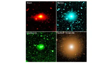 Υπέρυθρη απεικόνιση του νέφους του κομήτη 3I/ATLAS από το SPHEREx με διαφορετικά χρώματα που αντιστοιχούν σε χημικά συστατικά