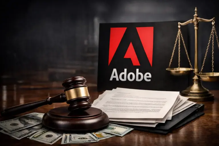 Λογότυπο της Adobe δίπλα σε σύμβολα δικαιοσύνης για την υπόθεση συνδρομών