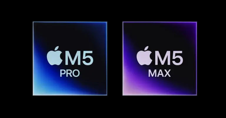 Τα σήματα Apple M5 Pro και Apple M5 Max σε μαύρο φόντο