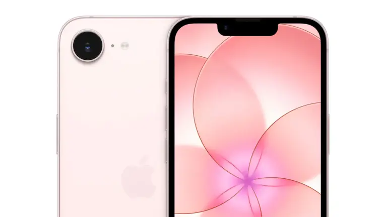 iPhone 17e σε απαλό ροζ, με θέα πίσω (μονή κάμερα) και μπροστά με ροζ wallpaper