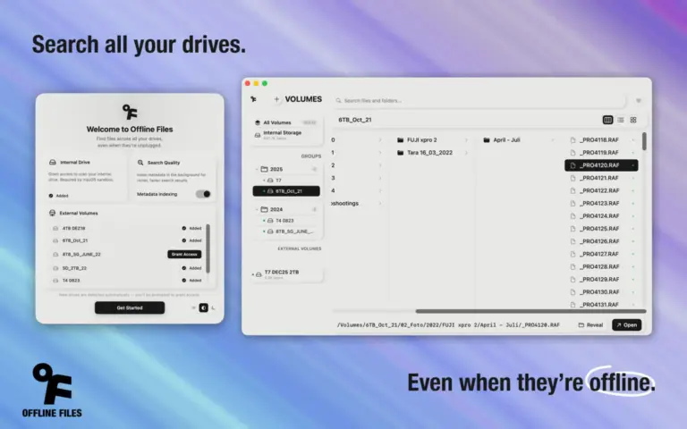 Η εφαρμογή Offline Files σε macOS εμφανίζει λίστα αρχείων από διαφορετικούς δίσκους