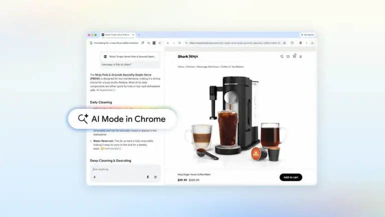 Το AI Mode της Google στο Chrome με ιστοσελίδα ανοιχτή δίπλα στο περιβάλλον αναζήτησης