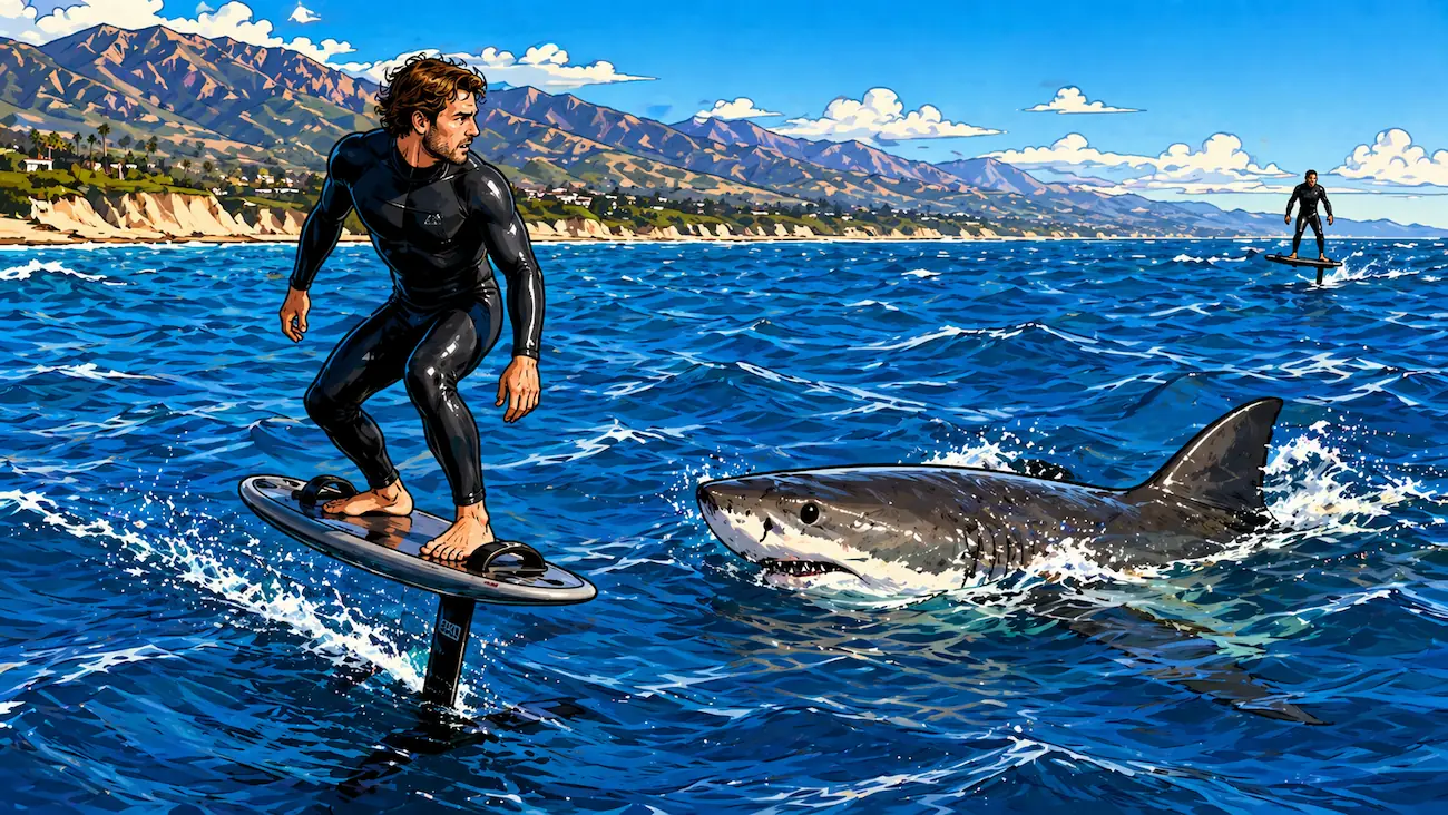 Λευκός καρχαρίας ακολουθεί foil surfer στα ανοιχτά της Καλιφόρνιας