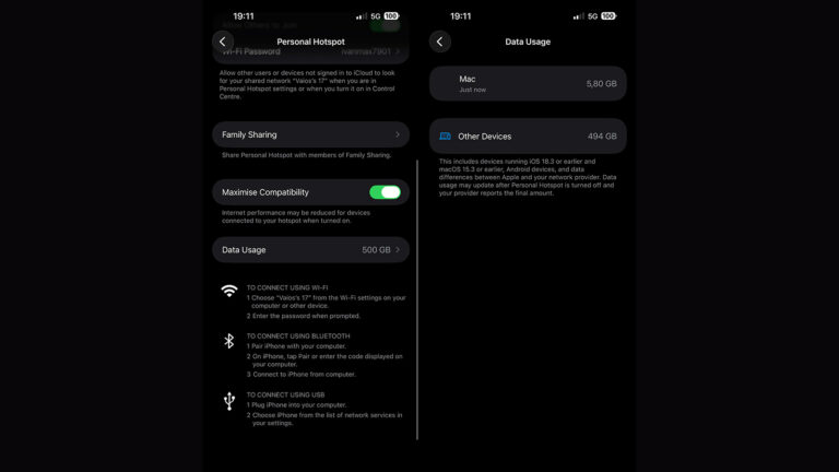 Οθόνη iPhone με στοιχεία χρήσης δεδομένων του Personal Hotspot ανά συσκευή