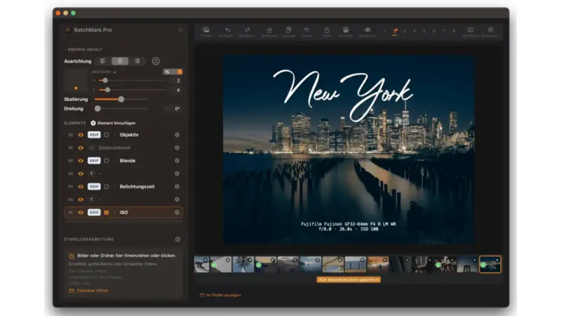 Το περιβάλλον του BatchMark Pro σε Mac με overlay κειμένου και τεχνικών στοιχείων πάνω σε φωτογραφία πόλης