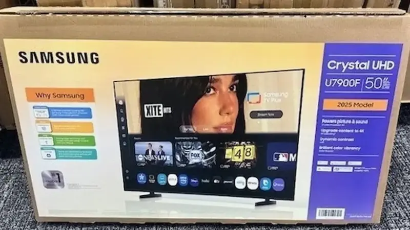 Η Dua Lipa και συσκευασία τηλεόρασης Samsung με τη φωτογραφία της