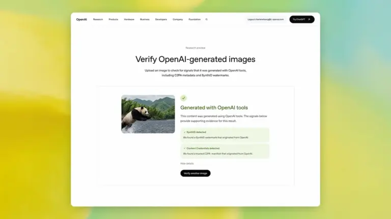 Οθόνη εργαλείου επαλήθευσης της OpenAI για εικόνες με σήματα προέλευσης