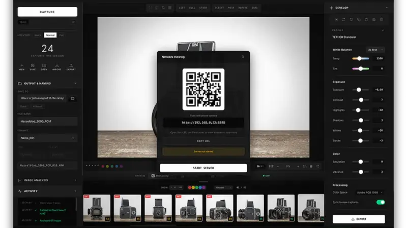 Η εφαρμογή Tether Studio σε οθόνη υπολογιστή με εργαλεία tethering και προεπισκόπηση φωτογραφιών