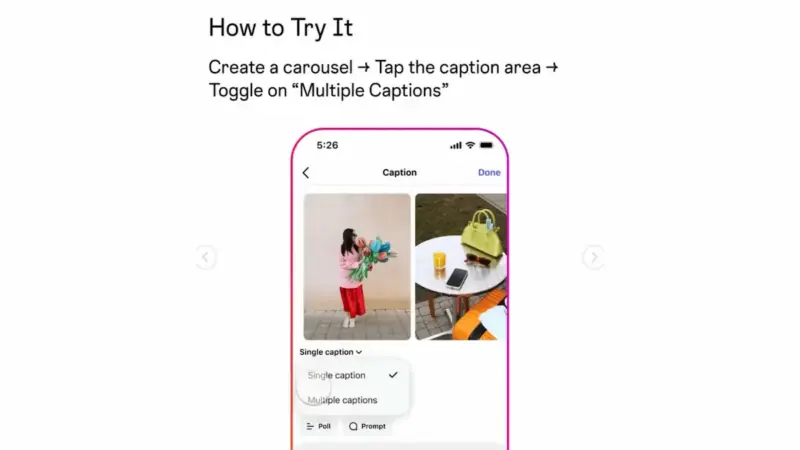 Instagram: each carousel slide gets its own caption