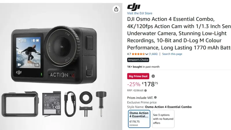 DJI Osmo Action 4 Essential Combo Prime Days deal drops to €178.75