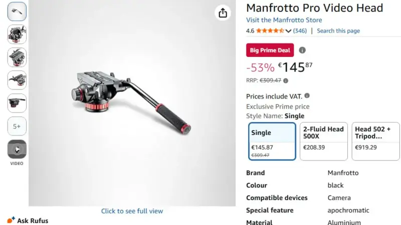 Manfrotto Pro Video Head drops below €150 for Prime Days