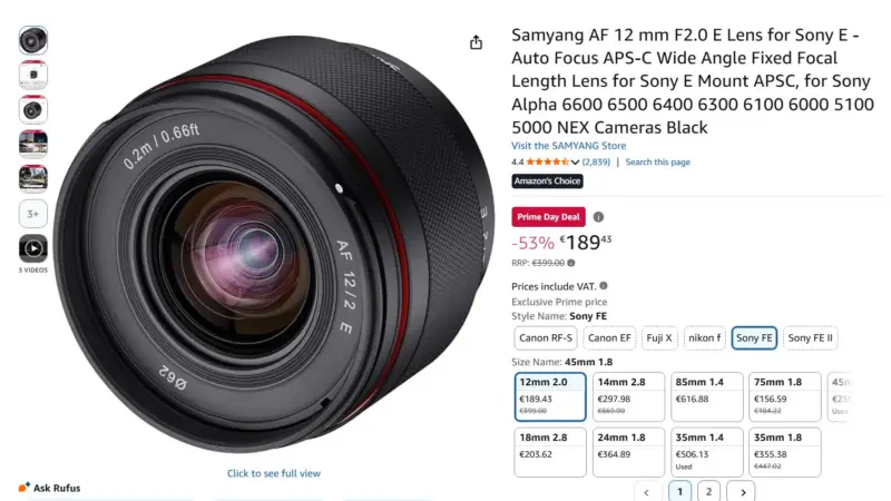 Samyang AF 12mm F2.0 Sony E appears in Prime Day Deal