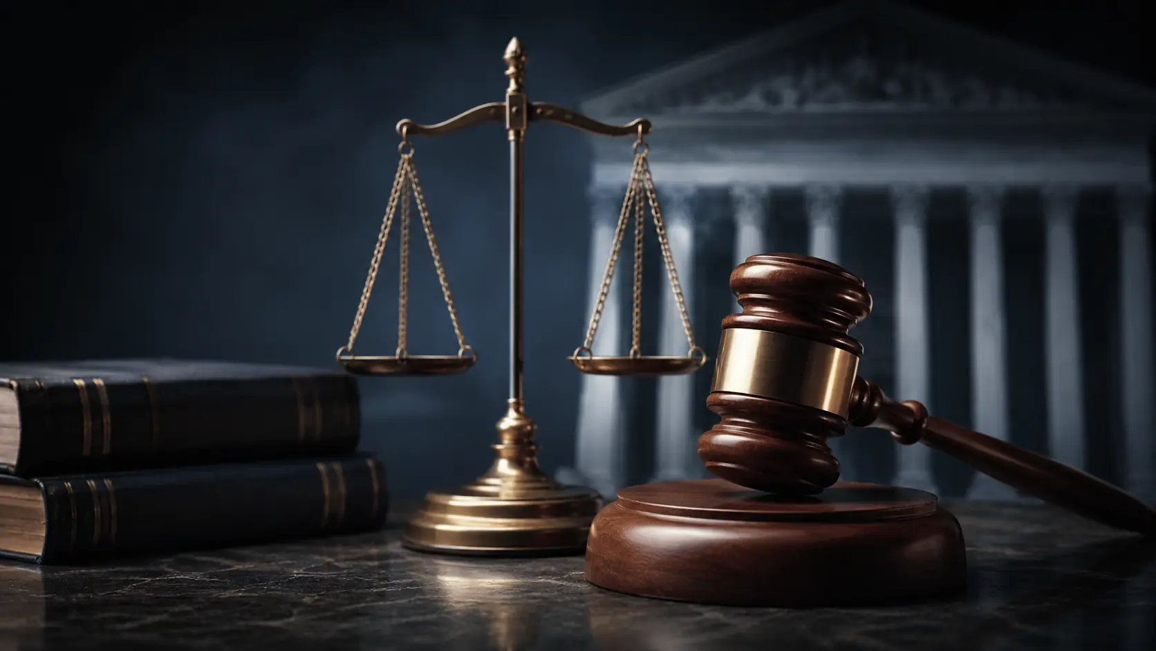 Σφυρί δικαστή, ζυγαριά της Δικαιοσύνης και νομικά βιβλία σε σκοτεινό φόντο