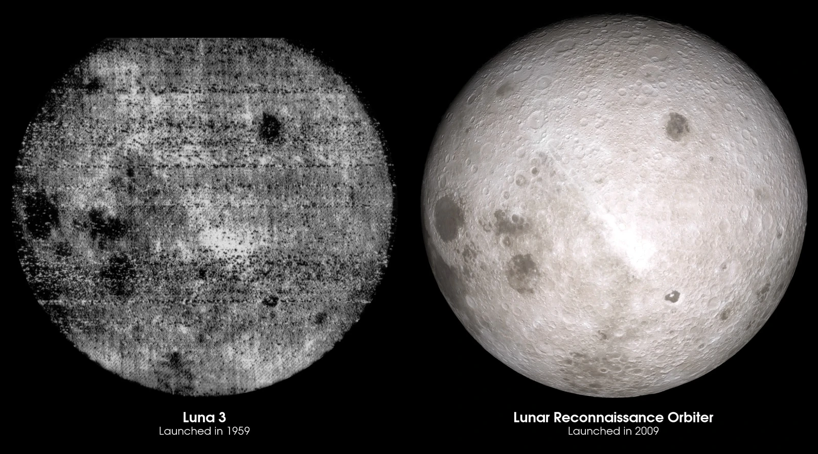 Σύγκριση της ιστορικής εικόνας Luna 3 με ανακατασκευή της αθέατης πλευράς από δεδομένα LRO