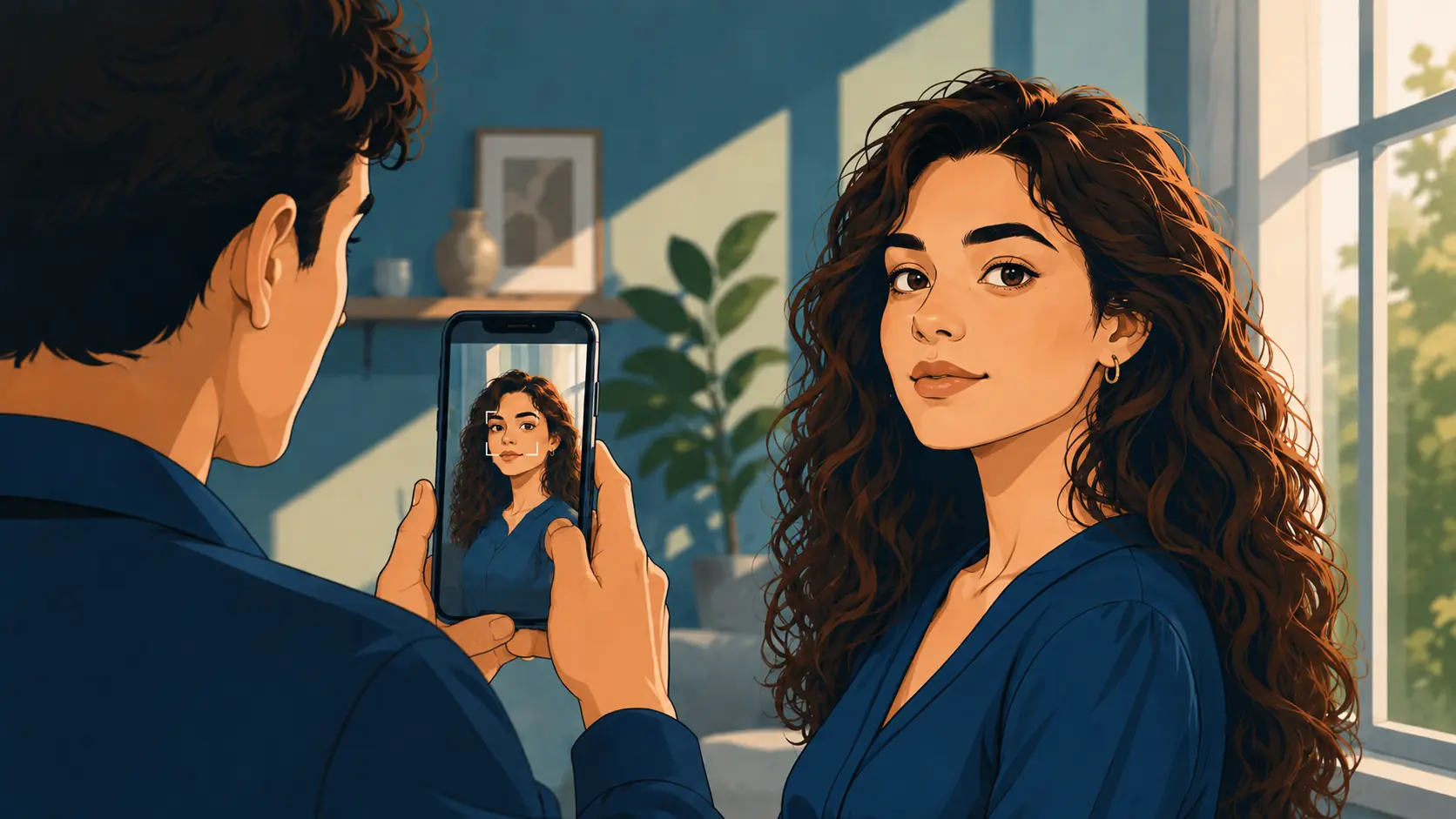 Πορτρέτο γυναίκας με smartphone σε φυσικό φως, με εστίαση στο μάτι