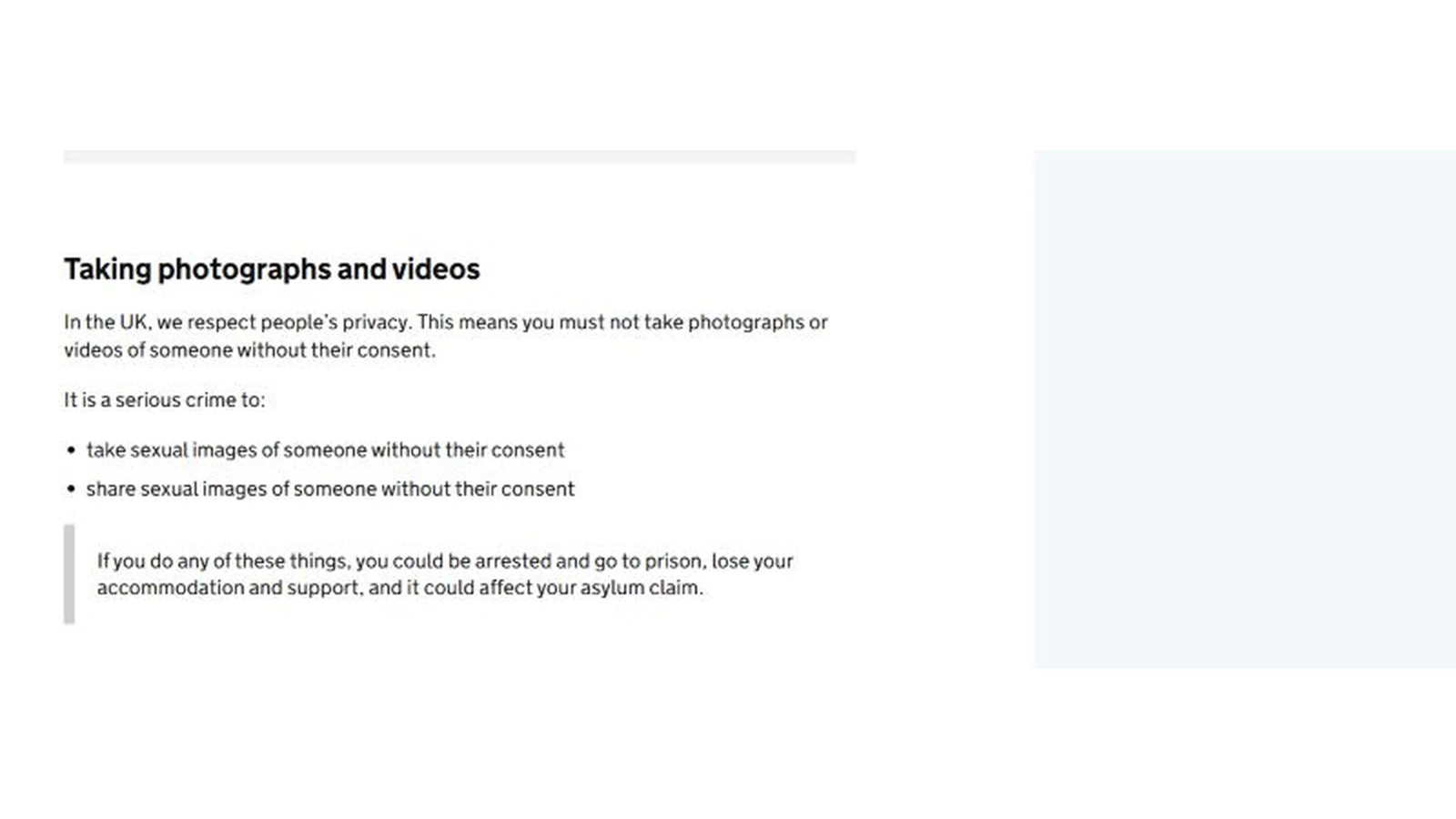 The UK Home Office section on photography and consent