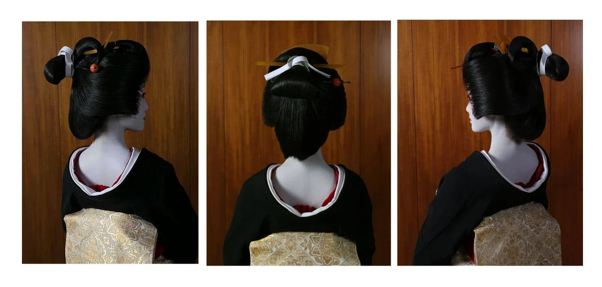 Triptych featuring a traditional Japanese hairstyle