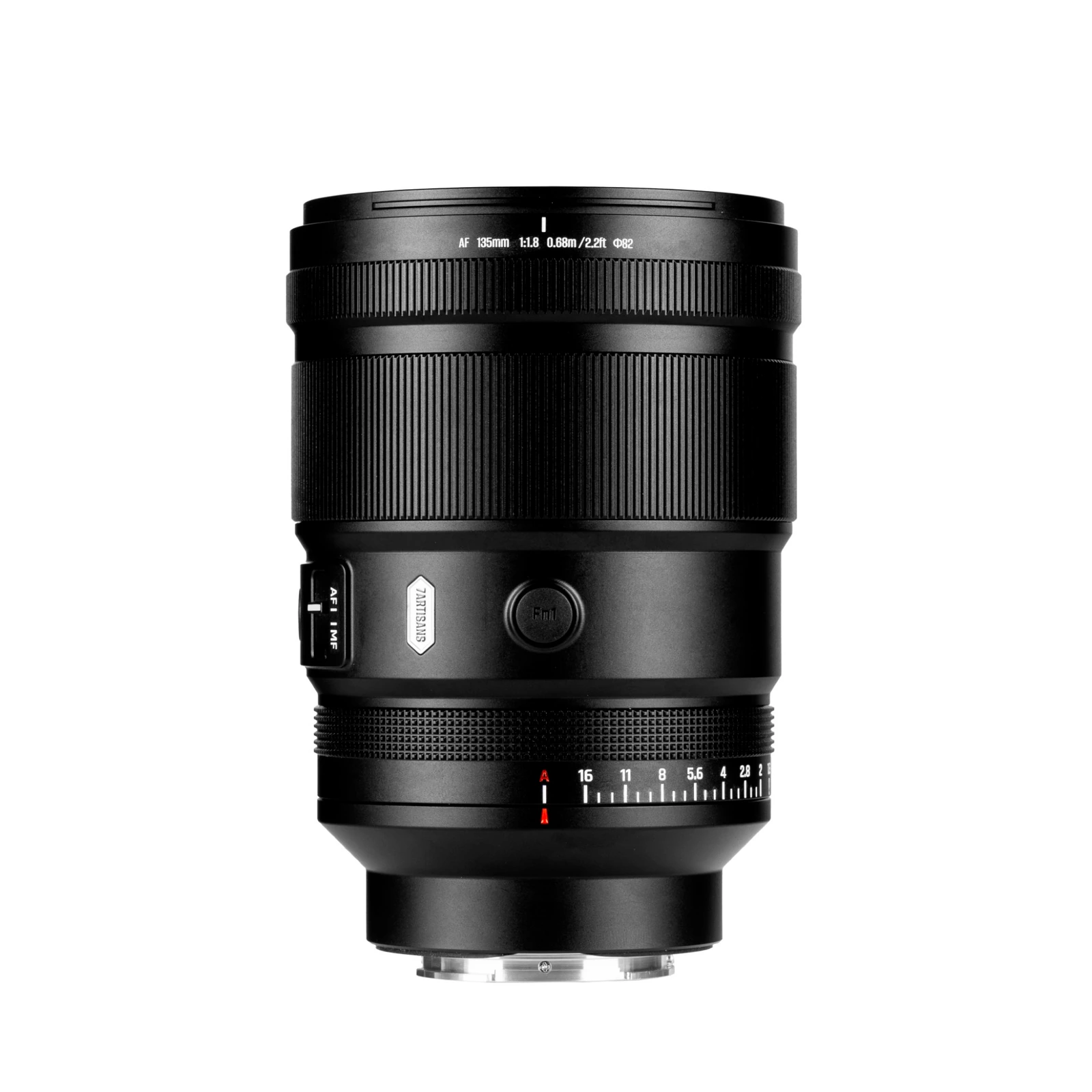The 7Artisans AF 135mm F1.8 lens with its focus and aperture rings.