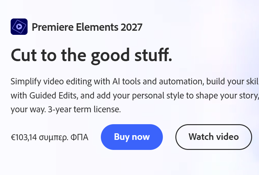 Adobe's Greek storefront lists Premiere Elements 2027 at 103.14 euros including VAT