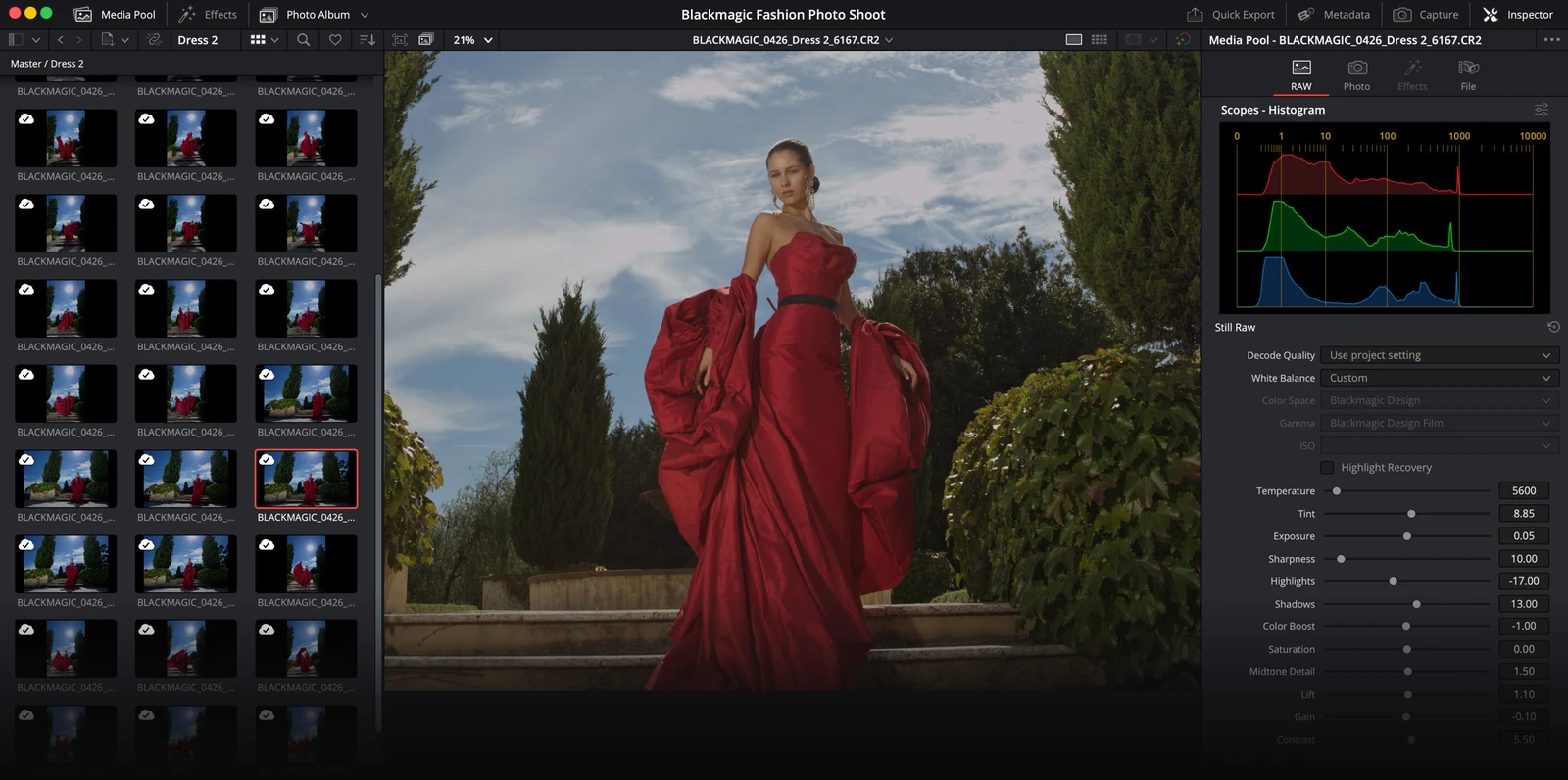 DaVinci Resolve Photo page showing photographs, RAW controls and a histogram