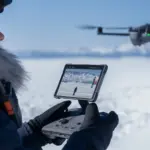 Χειριστής πετά DJI Mavic 4 Pro σε χιονισμένο τοπίο