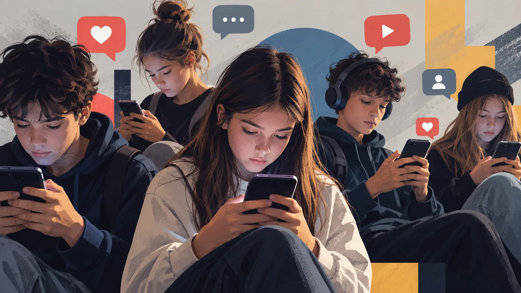 Παιδιά και έφηβοι χρησιμοποιούν smartphones σε εικονογράφηση για τα social media