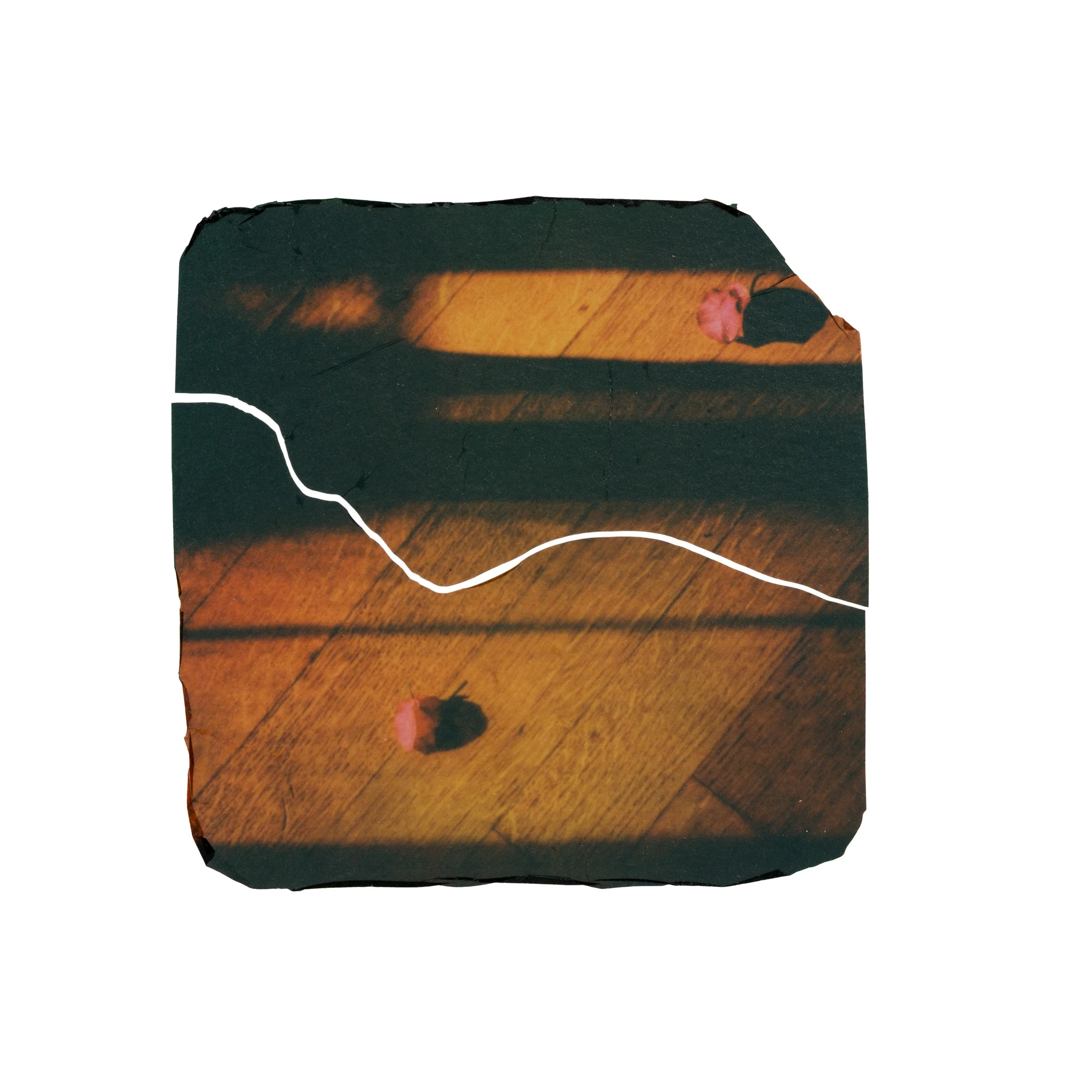 Two small pink objects and strong shadows in a work by Eva Berler