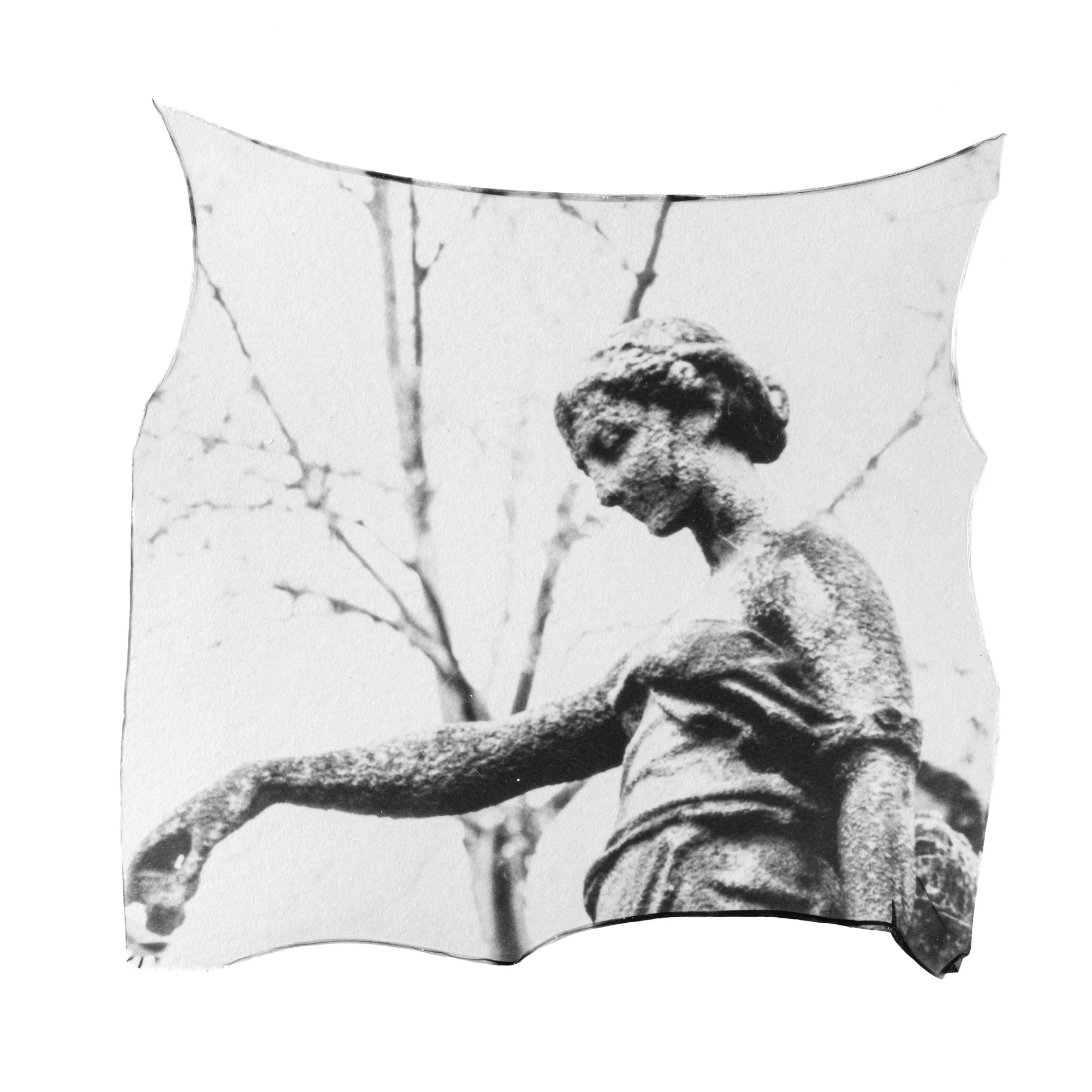 A black-and-white photographic figure of a statue in a work by Eva Berler