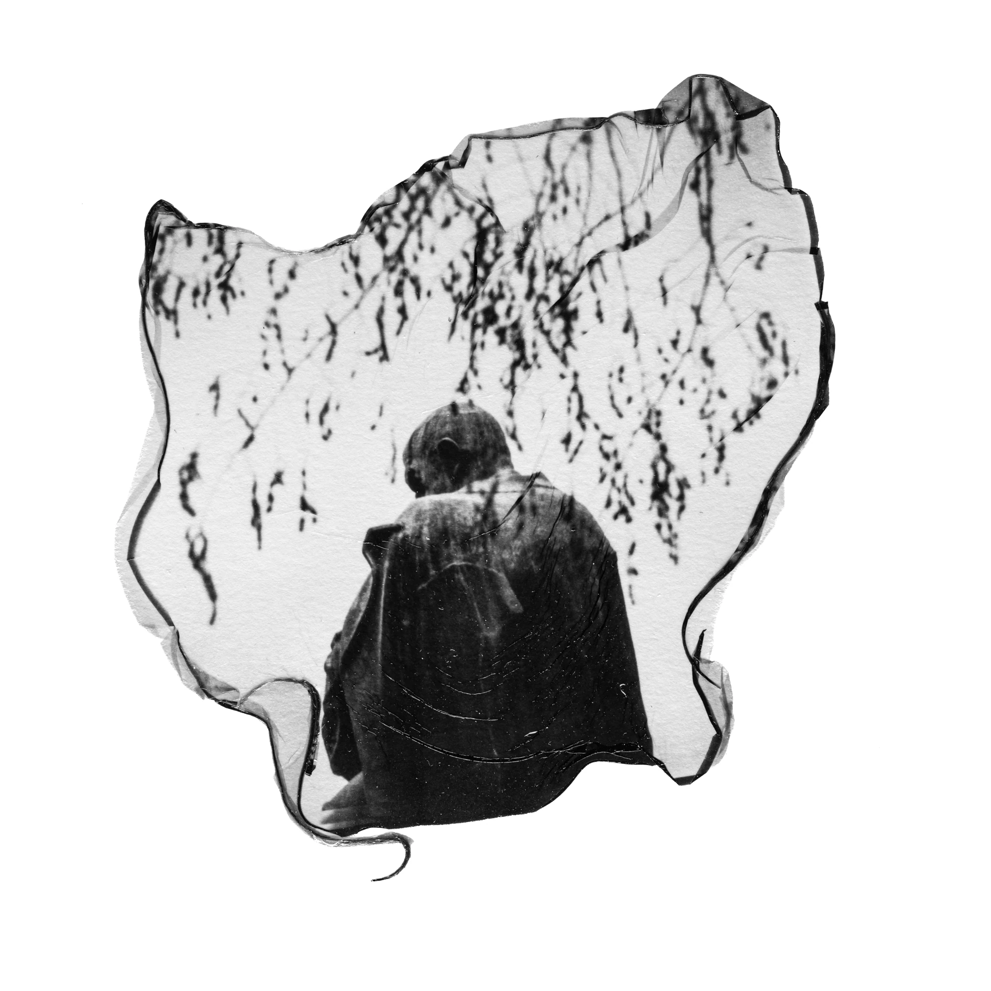 A black-and-white seated figure inside an organic outline in a work by Eva Berler