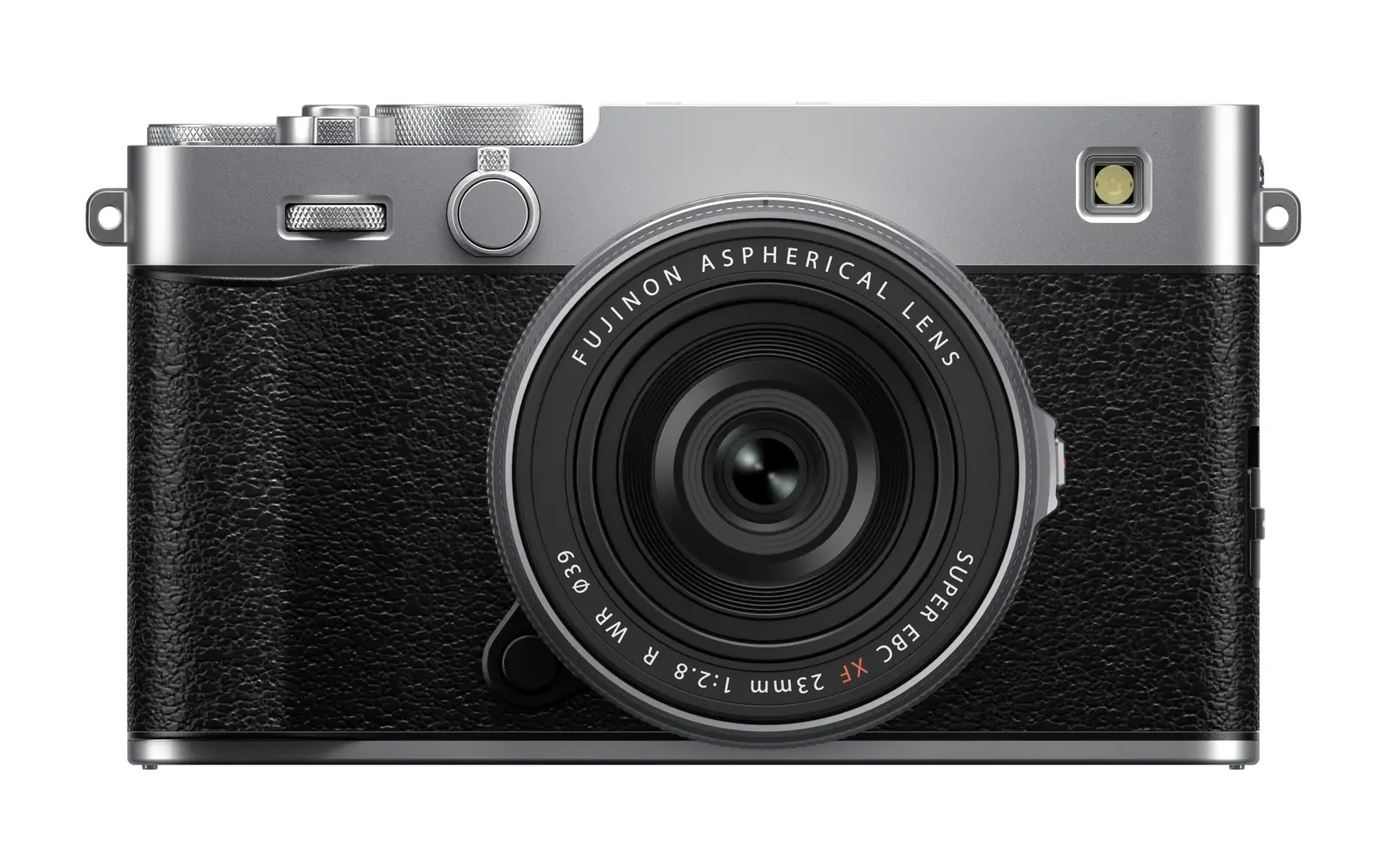 Η ασημί Fujifilm X-E5 σε επίσημη μετωπική λήψη προϊόντος
